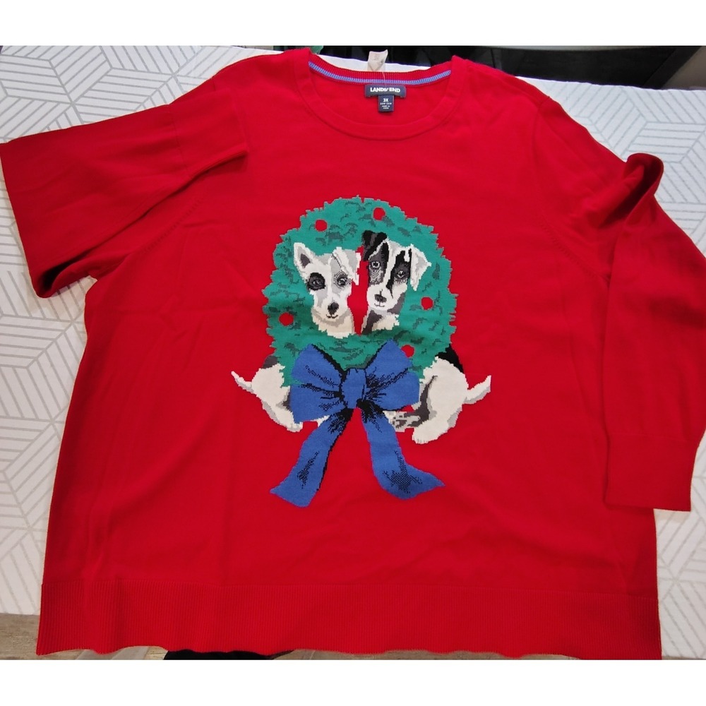Lands End 3X Ugly Cute Sweater Dog Wreath Christmas Holiday Women's Plus